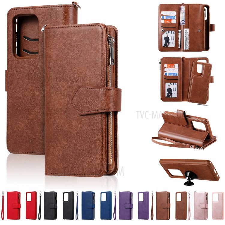 Magnetic Detachable 2-in-1 Zipper Wallet Stand Leather Case for Samsung Galaxy S20 Ultra - Brown-21