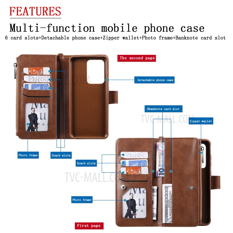 Magnetic KT Leather Series-3 Detachable 2-in-1 Zipper Wallet Stand Leather Case for Samsung Galaxy S20 Ultra - Brown-5