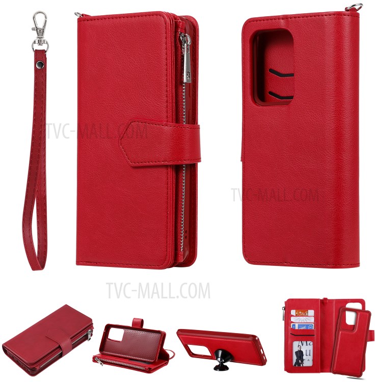 Magnetic Detachable 2-in-1 Zipper Wallet Stand Leather Case for Samsung Galaxy S20 Ultra - Red-1