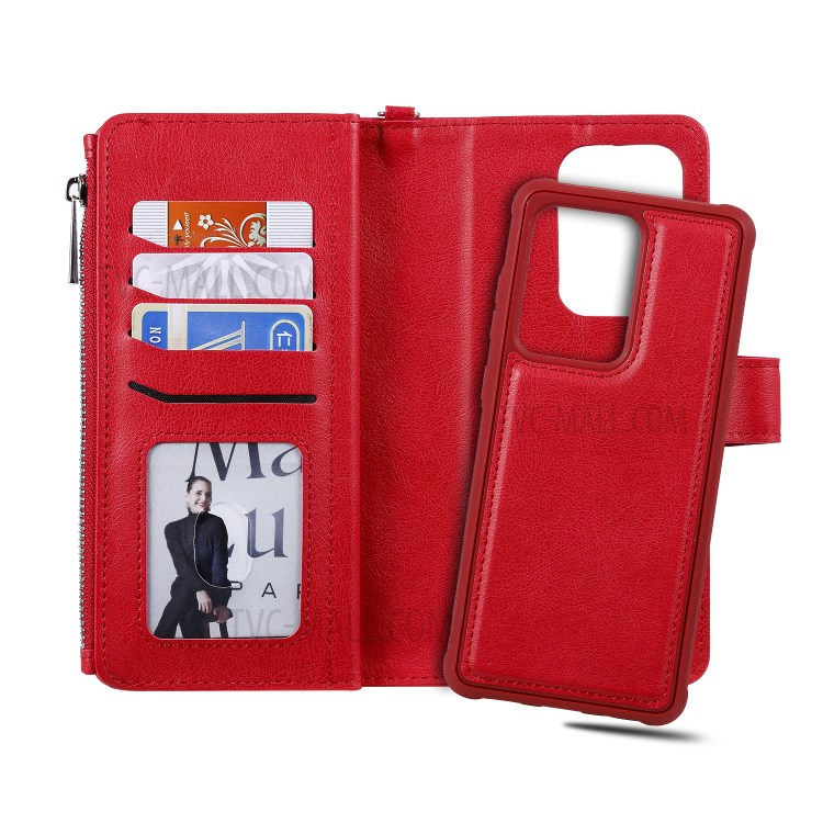 Magnetic Detachable 2-in-1 Zipper Wallet Stand Leather Case for Samsung Galaxy S20 Ultra - Red-10