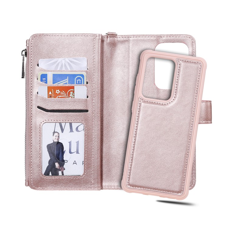 Magnetic Detachable 2-in-1 Zipper Wallet Stand Leather Case for Samsung Galaxy S20 Ultra - Rose Gold-10
