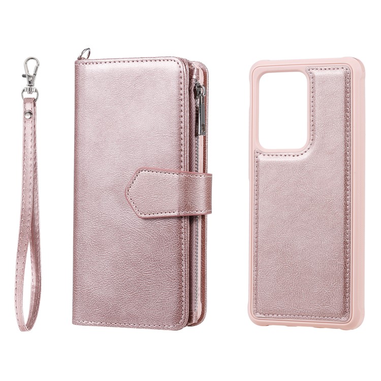 Magnetic Detachable 2-in-1 Zipper Wallet Stand Leather Case for Samsung Galaxy S20 Ultra - Rose Gold-3