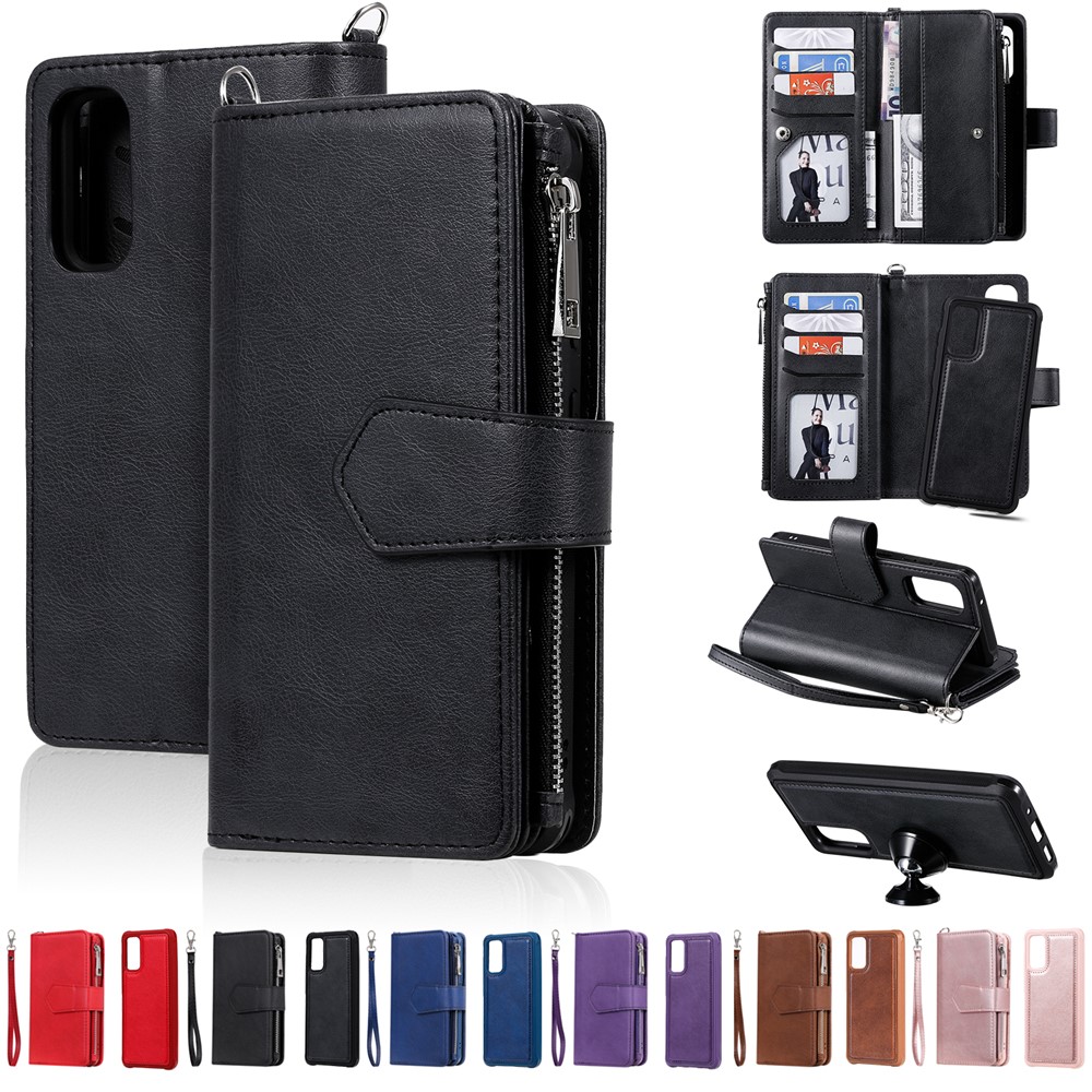 Magnetic Detachable 2-in-1 Zipper Wallet Stand Leather Case for Samsung Galaxy S20 - Black-21