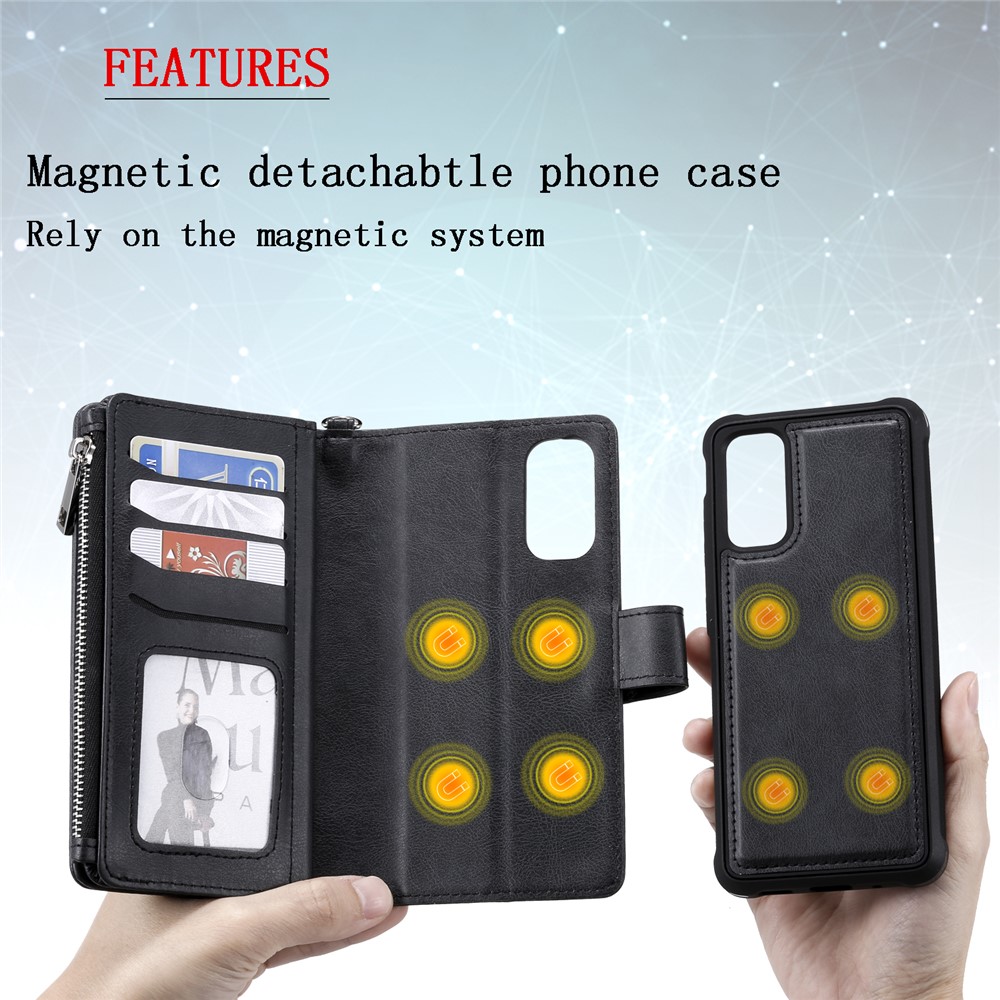 Magnetic Detachable 2-in-1 Zipper Wallet Stand Leather Case for Samsung Galaxy S20 - Black-4