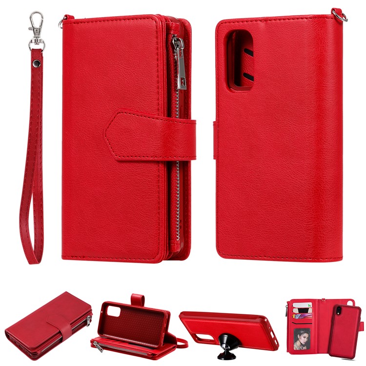 Magnetic Detachable 2-in-1 Zipper Wallet Stand Leather Case for Samsung Galaxy S20 - Red-1