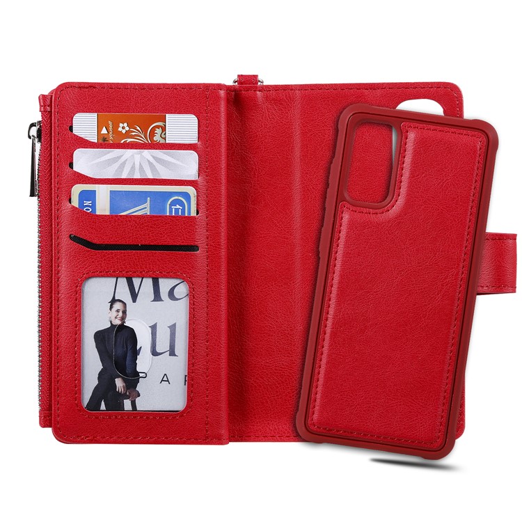 Magnetic Detachable 2-in-1 Zipper Wallet Stand Leather Case for Samsung Galaxy S20 - Red-10