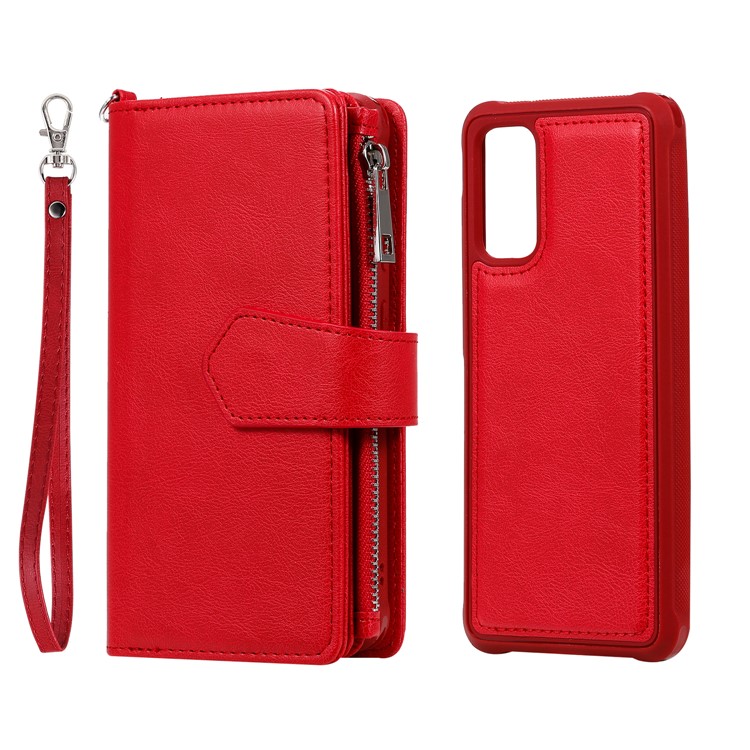 Magnetic Detachable 2-in-1 Zipper Wallet Stand Leather Case for Samsung Galaxy S20 - Red-3