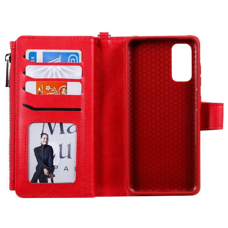 Magnetic Detachable 2-in-1 Zipper Wallet Stand Leather Case for Samsung Galaxy S20 - Red-9