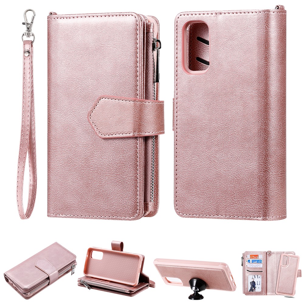 Magnetic Detachable 2-in-1 Zipper Wallet Stand Leather Case for Samsung Galaxy S20 - Rose Gold-1