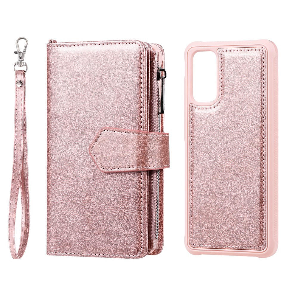 Magnetic Detachable 2-in-1 Zipper Wallet Stand Leather Case for Samsung Galaxy S20 - Rose Gold-3