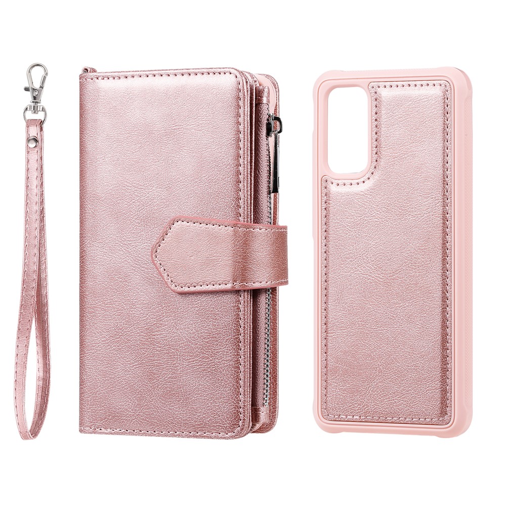 Magnétique KT Leath Series-3 Détachable Bélôle de Portefeuille à Fermeture Éclair 2 en 1 Pour Samsung Galaxy S20 4g / S20 5G - or Rose