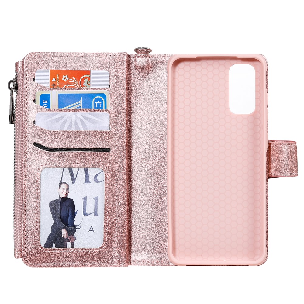 Magnetic Detachable 2-in-1 Zipper Wallet Stand Leather Case for Samsung Galaxy S20 - Rose Gold-9