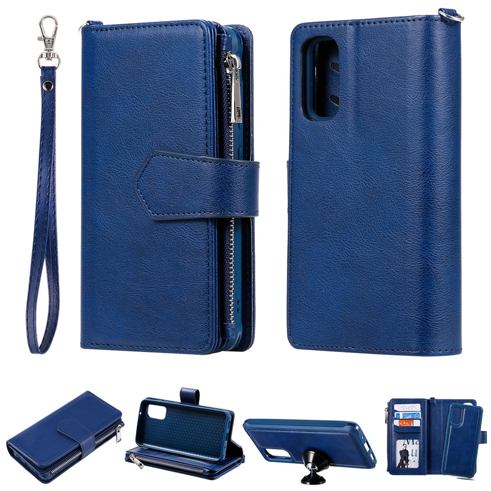 Magnetic Detachable 2-in-1 Zipper Wallet Stand Leather Case for Samsung Galaxy S20 - Blue-1