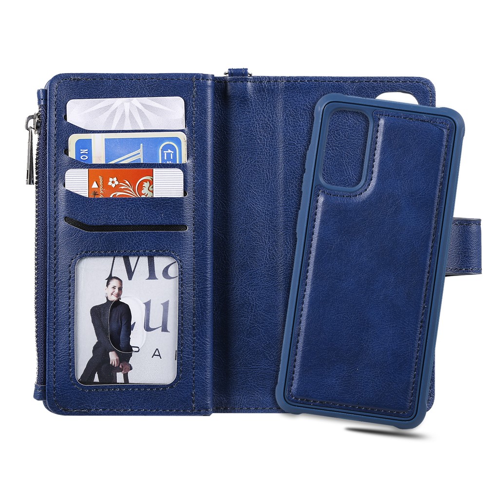Magnetic Detachable 2-in-1 Zipper Wallet Stand Leather Case for Samsung Galaxy S20 - Blue-10