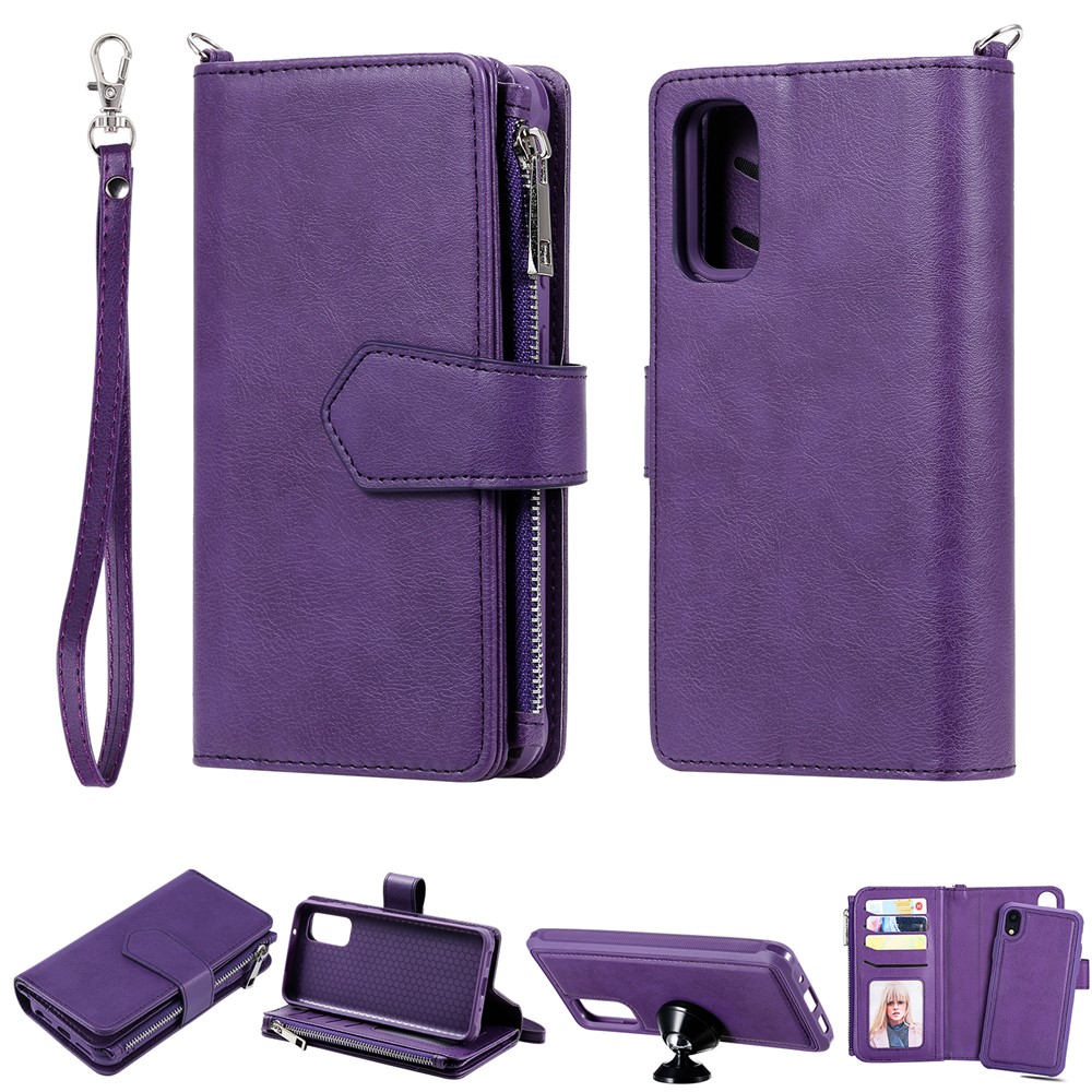 Magnetic Detachable 2-in-1 Zipper Wallet Stand Leather Case for Samsung Galaxy S20 - Purple-1