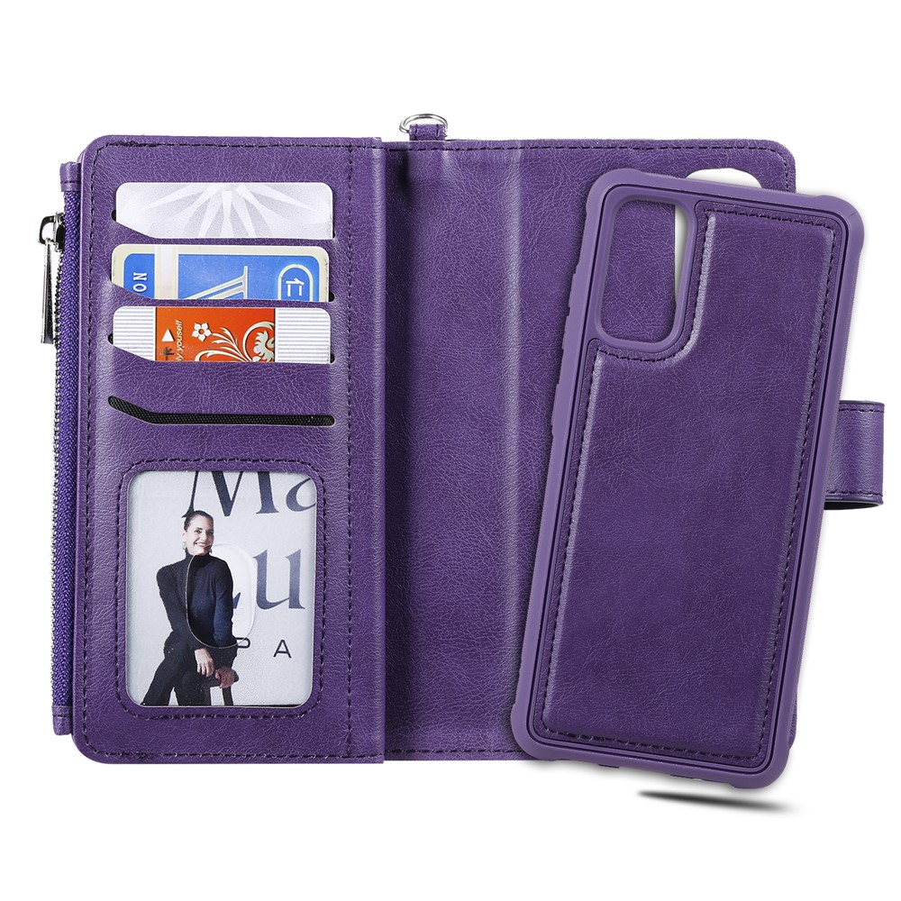 Magnetic Detachable 2-in-1 Zipper Wallet Stand Leather Case for Samsung Galaxy S20 - Purple-10