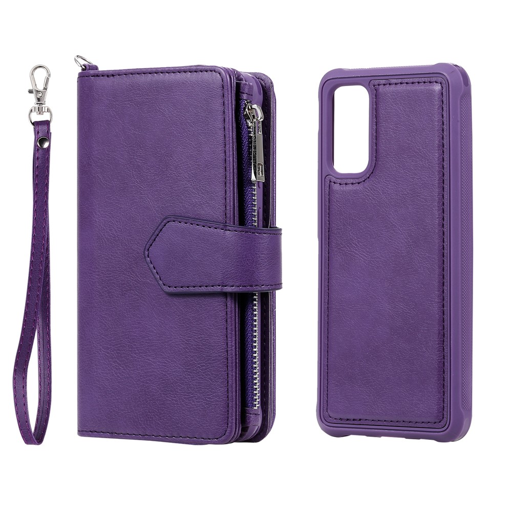 Magnetic Detachable 2-in-1 Zipper Wallet Stand Leather Case for Samsung Galaxy S20 - Purple-3