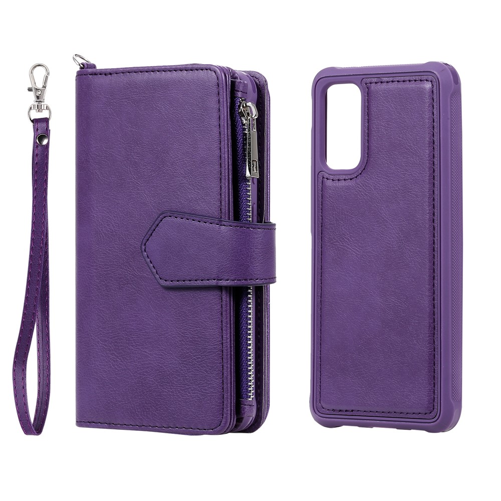 Magnétique KT Leath Series-3 Détachable Bélôle de Portefeuille à Fermeture Éclair 2 en 1 Pour Samsung Galaxy S20 4g / S20 5G - Violet