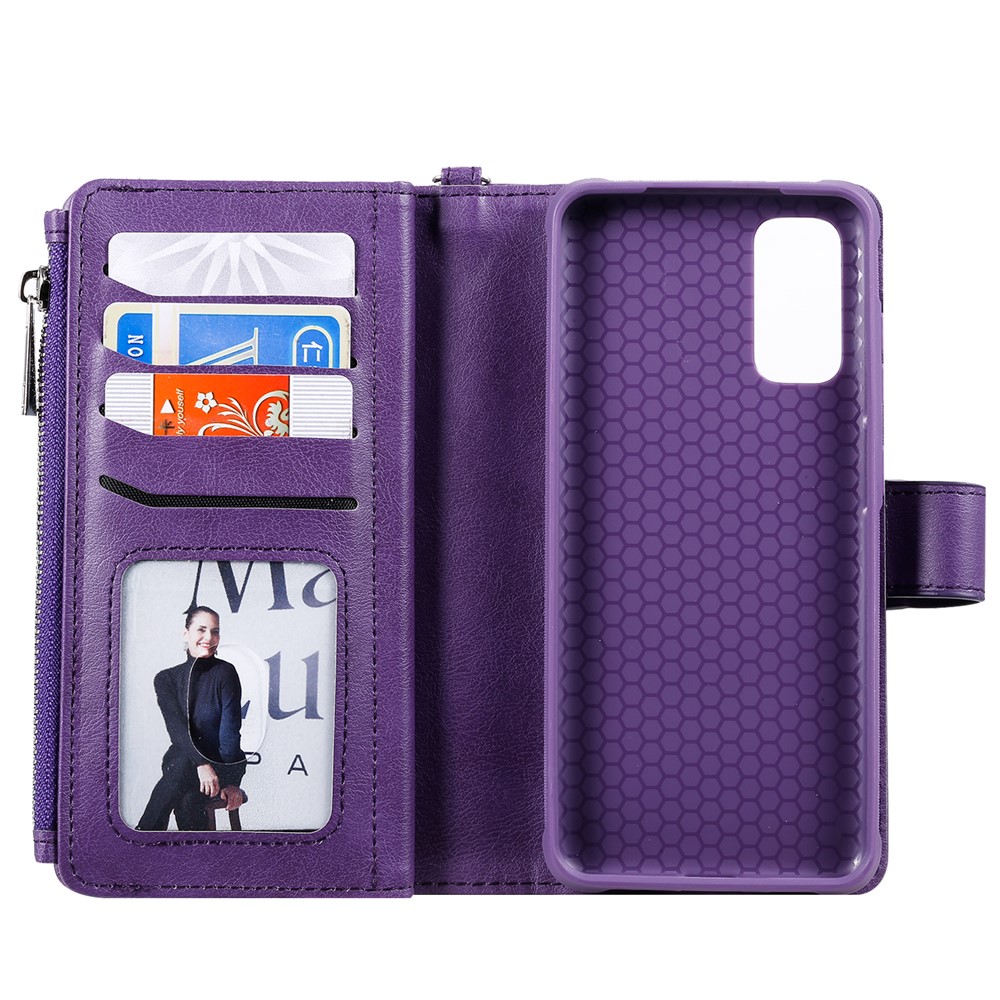 Magnetic Detachable 2-in-1 Zipper Wallet Stand Leather Case for Samsung Galaxy S20 - Purple-9