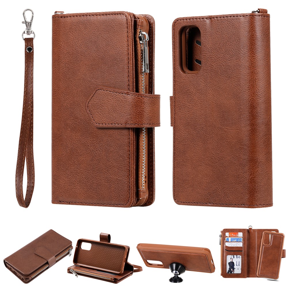 Magnetic Detachable 2-in-1 Zipper Wallet Stand Leather Case for Samsung Galaxy S20 - Brown-1