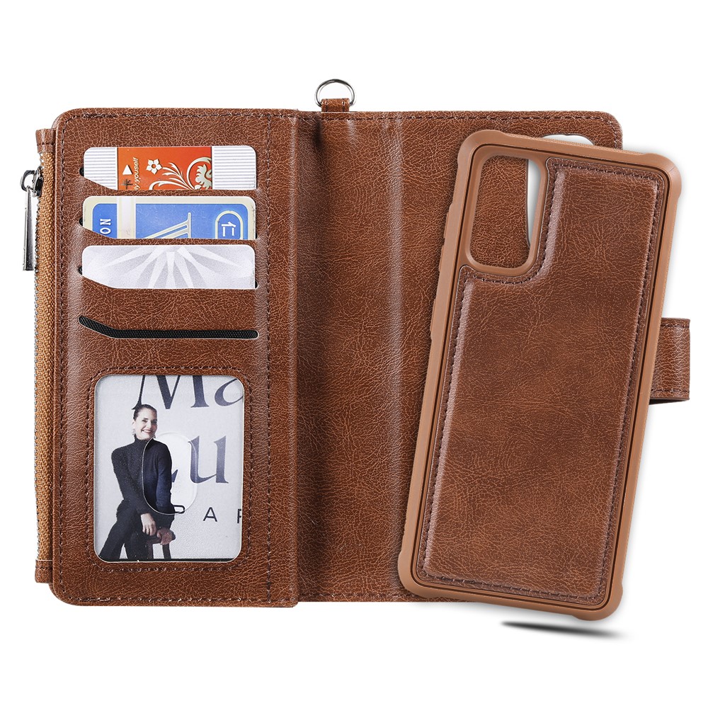 Magnetic Detachable 2-in-1 Zipper Wallet Stand Leather Case for Samsung Galaxy S20 - Brown-10