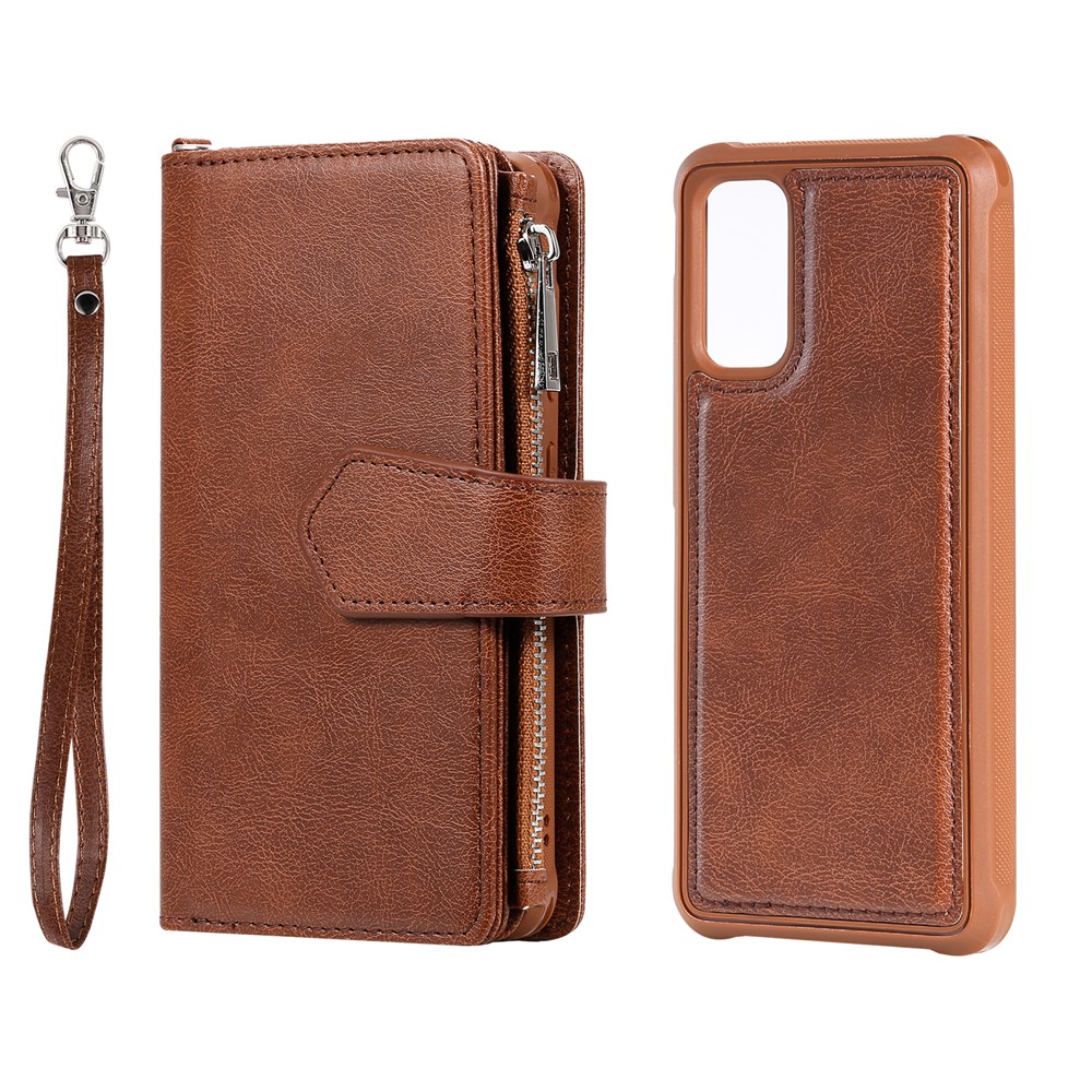 Magnetic Detachable 2-in-1 Zipper Wallet Stand Leather Case for Samsung Galaxy S20 - Brown-3