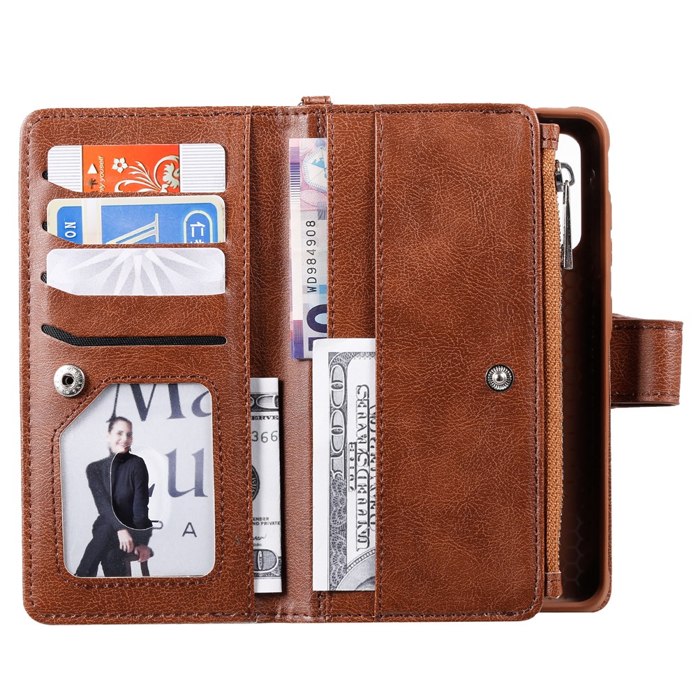 Magnetic Detachable 2-in-1 Zipper Wallet Stand Leather Case for Samsung Galaxy S20 - Brown-8