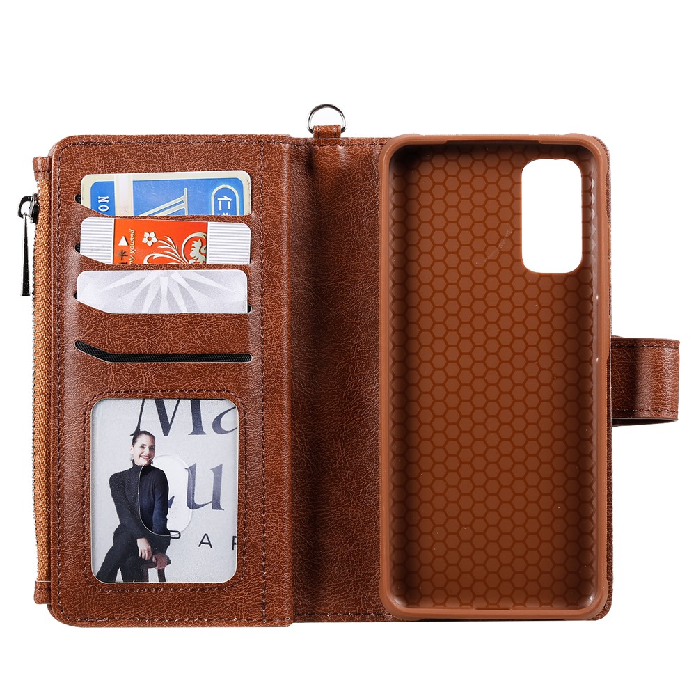 Magnetic Detachable 2-in-1 Zipper Wallet Stand Leather Case for Samsung Galaxy S20 - Brown-9