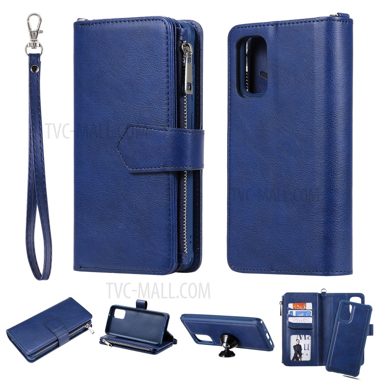 Zipper Pocket Magnetic Detachable 2-in-1 Leather Wallet Case for Samsung Galaxy S20 Plus - Blue-1