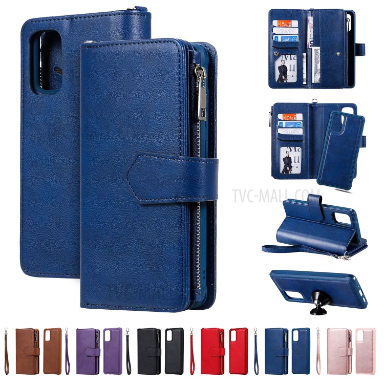 Zipper Pocket Magnetic Detachable 2-in-1 Leather Wallet Case for Samsung Galaxy S20 Plus - Blue-21