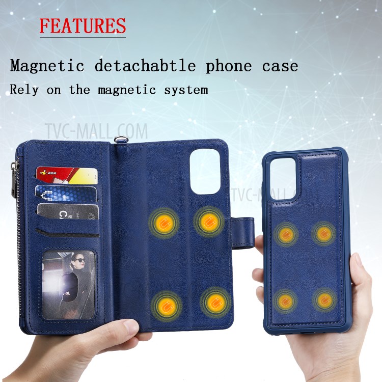 Zipper Pocket Magnetic Detachable 2-in-1 Leather Wallet Case for Samsung Galaxy S20 Plus - Blue-4