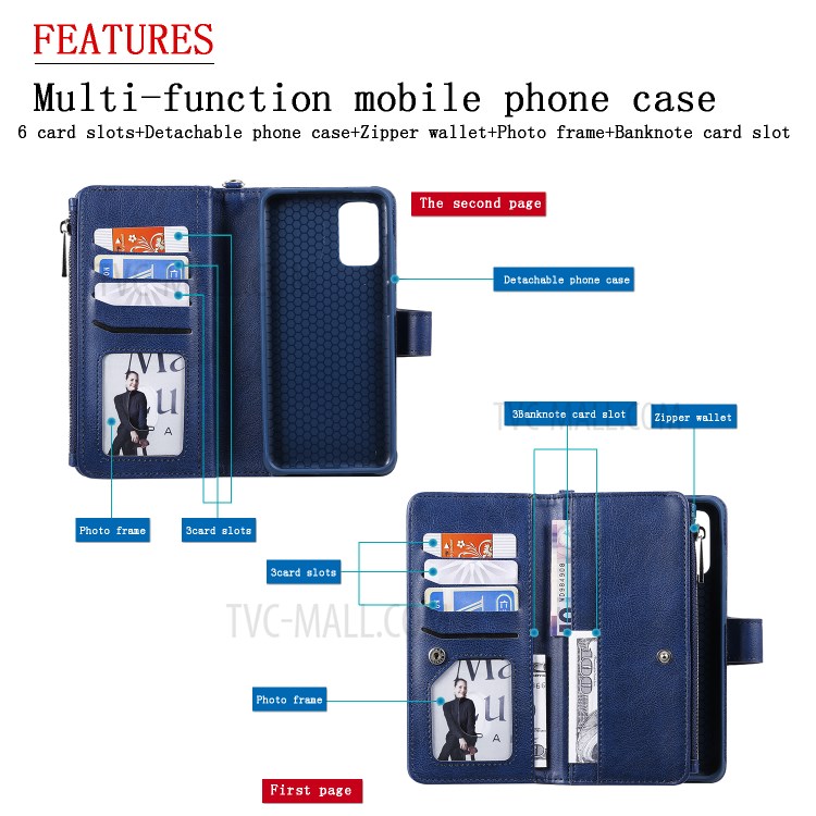 Zipper Pocket Magnetic Detachable 2-in-1 Leather Wallet Case for Samsung Galaxy S20 Plus - Blue-5