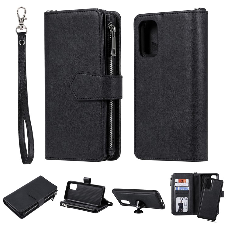 Zipper Pocket Magnetic Detachable 2-in-1 Leather Wallet Case for Samsung Galaxy S20 Plus - Black-1