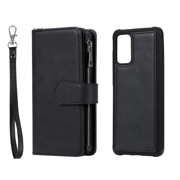 Zipper Pocket Magnetic Detachable 2-in-1 Leather Wallet Case for Samsung Galaxy S20 Plus - Black-3