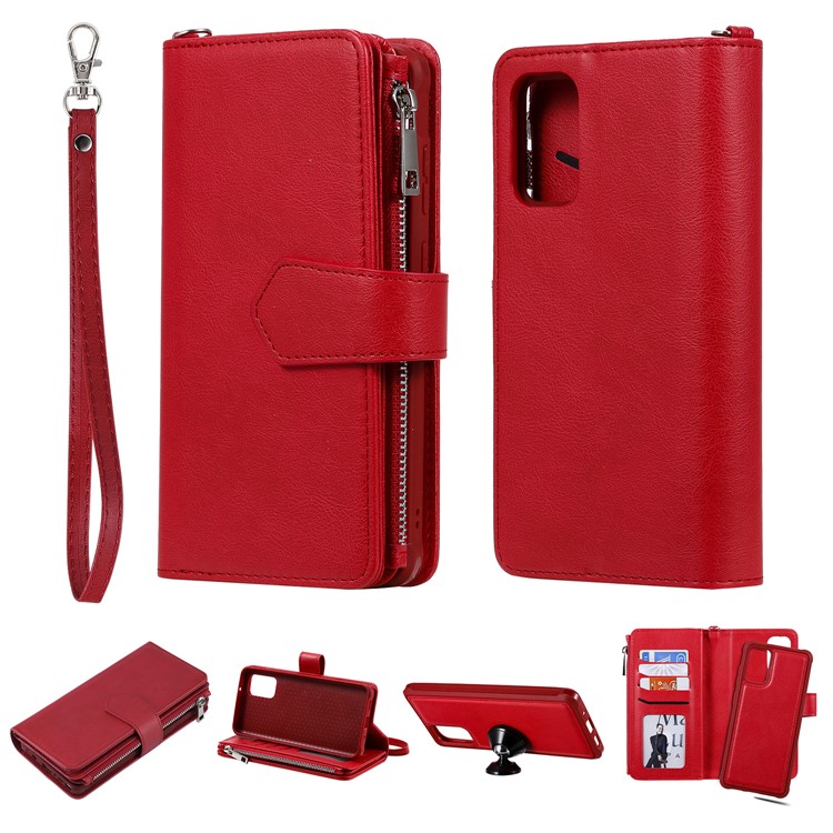 Zipper Pocket Magnetic Detachable 2-in-1 Leather Wallet Case for Samsung Galaxy S20 Plus - Red-1