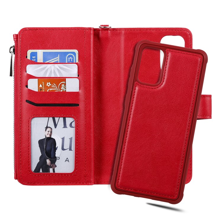 Zipper Pocket Magnetic Detachable 2-in-1 Leather Wallet Case for Samsung Galaxy S20 Plus - Red-10