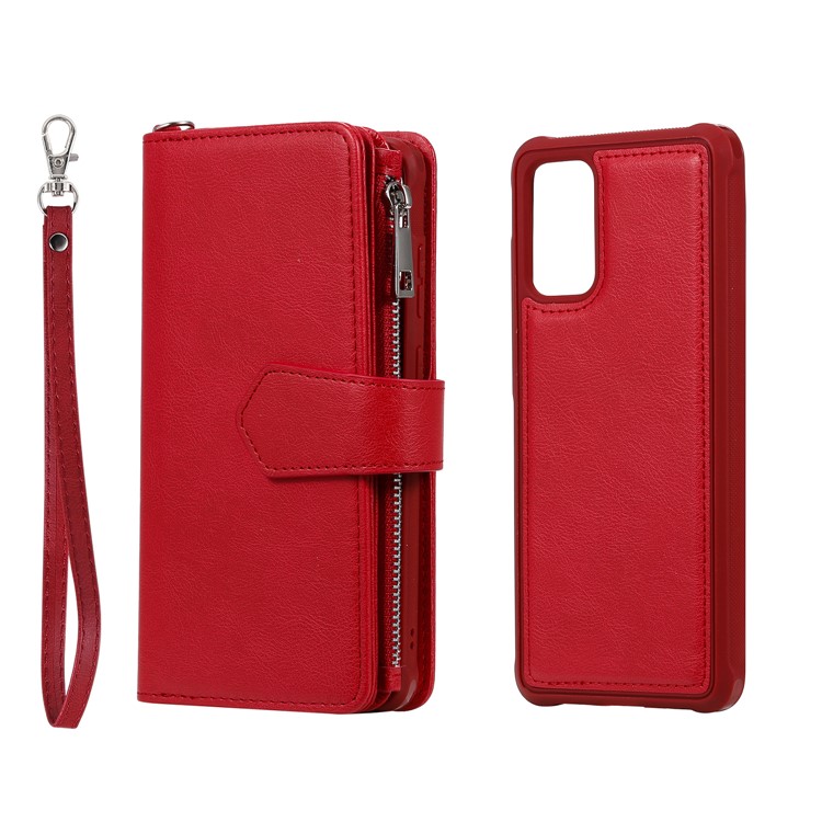 Zipper Pocket Magnetic Detachable 2-in-1 Leather Wallet Case for Samsung Galaxy S20 Plus - Red-3