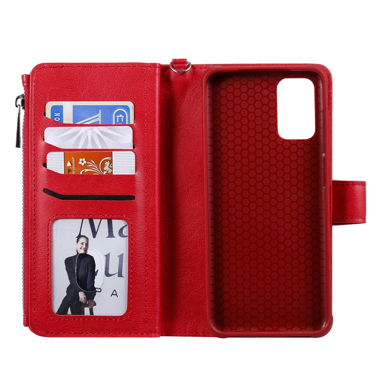 Zipper Pocket Magnetic Detachable 2-in-1 Leather Wallet Case for Samsung Galaxy S20 Plus - Red-9