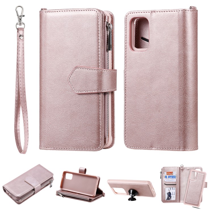 Zipper Pocket Magnetic Detachable 2-in-1 Leather Wallet Case for Samsung Galaxy S20 Plus - Rose Gold-1