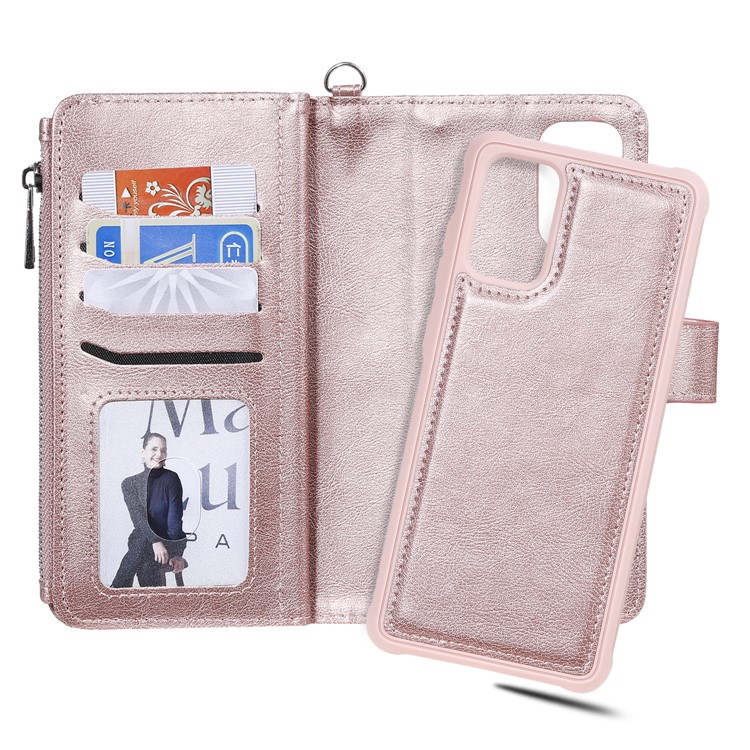 Zíper Bolso de Bolso kt de Couro KT Série-3 Destacável Caixa de Carteira de Couro 2 em 1 Para Samsung Galaxy S20 Plus - Rosa Ouro