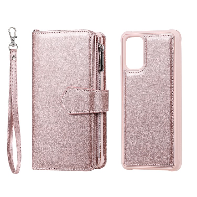 Zíper Bolso de Bolso kt de Couro KT Série-3 Destacável Caixa de Carteira de Couro 2 em 1 Para Samsung Galaxy S20 Plus - Rosa Ouro