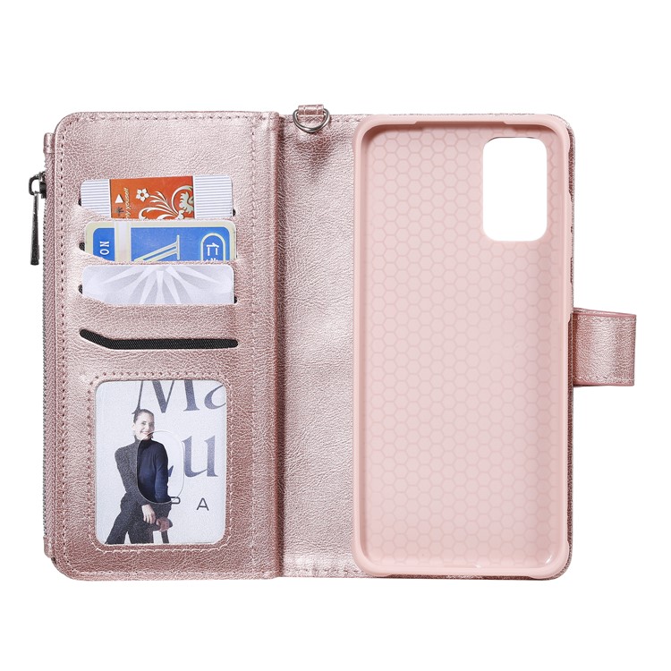 Zíper Bolso de Bolso kt de Couro KT Série-3 Destacável Caixa de Carteira de Couro 2 em 1 Para Samsung Galaxy S20 Plus - Rosa Ouro