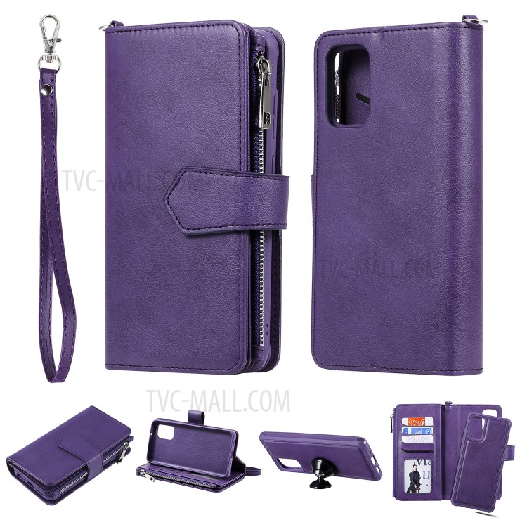 Zipper Pocket Magnetic Detachable 2-in-1 Leather Wallet Case for Samsung Galaxy S20 Plus - Purple-1