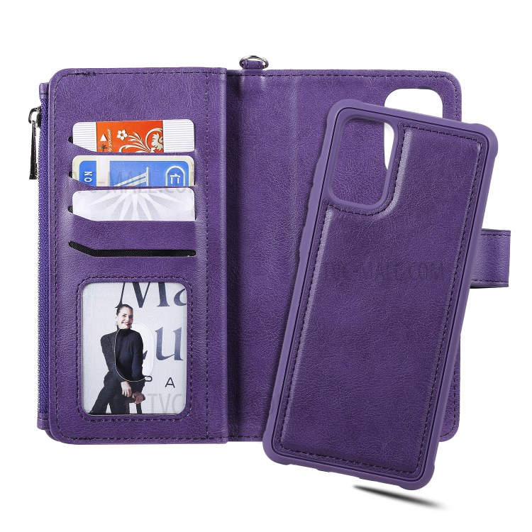 Zipper Pocket Magnetic Detachable 2-in-1 Leather Wallet Case for Samsung Galaxy S20 Plus - Purple-10