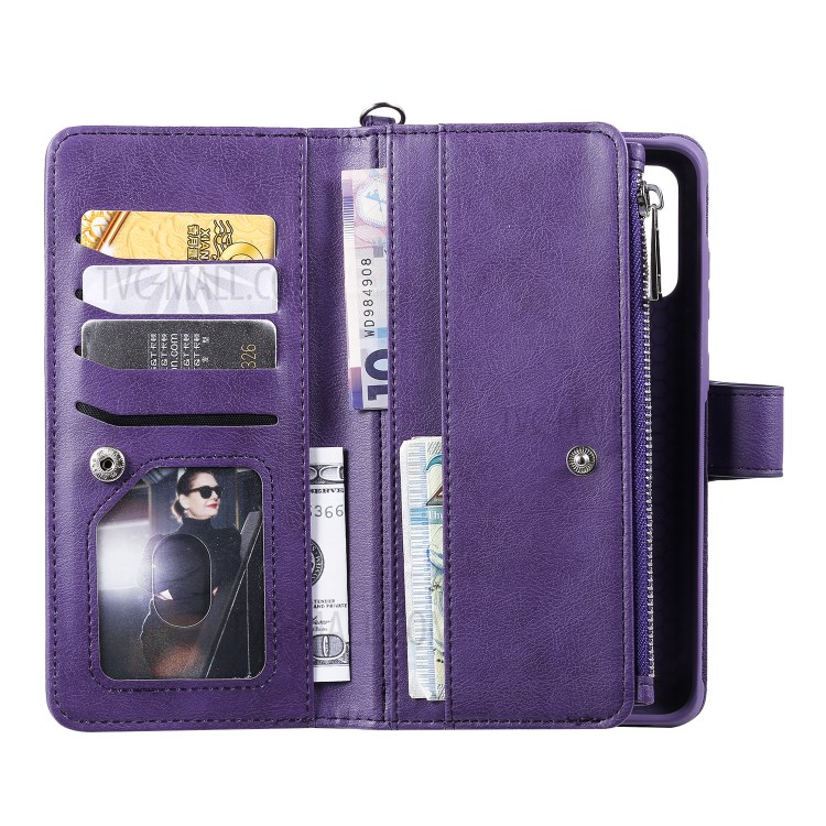 Zipper Pocket Magnetic Detachable 2-in-1 Leather Wallet Case for Samsung Galaxy S20 Plus - Purple-8