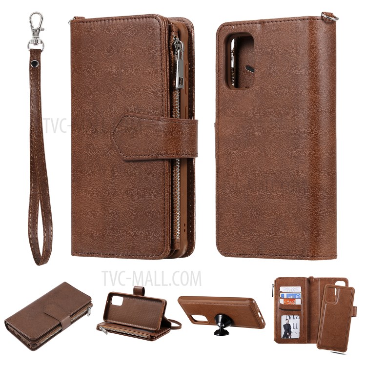 Zipper Pocket Magnetic Detachable 2-in-1 Leather Wallet Case for Samsung Galaxy S20 Plus - Brown-1