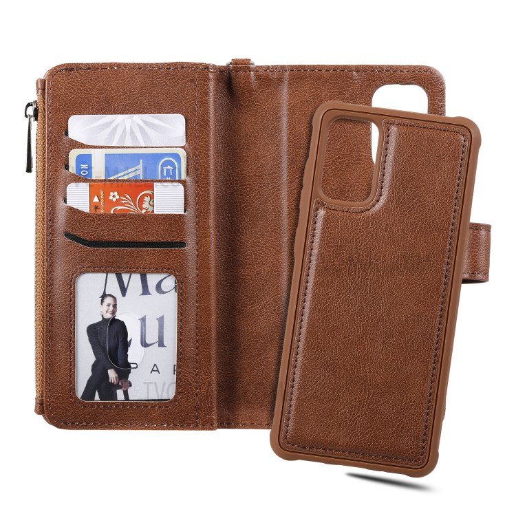 Zipper Pocket Magnetic Detachable 2-in-1 Leather Wallet Case for Samsung Galaxy S20 Plus - Brown-10