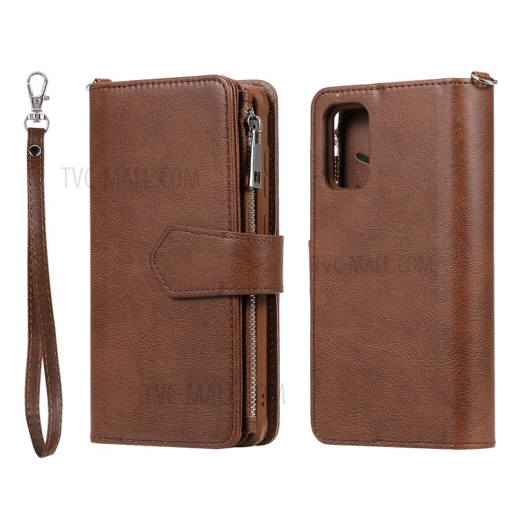 Zipper Pocket Magnetic Detachable 2-in-1 Leather Wallet Case for Samsung Galaxy S20 Plus - Brown-2
