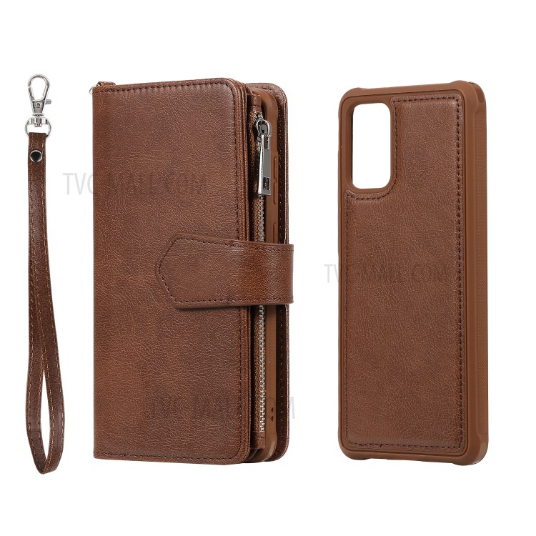 Zipper Pocket Magnetic Detachable 2-in-1 Leather Wallet Case for Samsung Galaxy S20 Plus - Brown-3