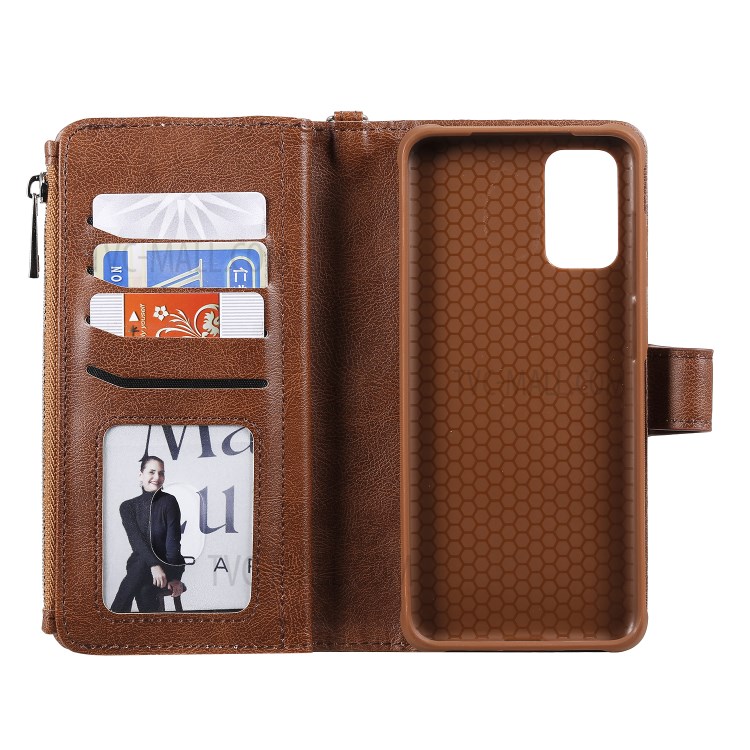 Zipper Pocket Magnetic Detachable 2-in-1 Leather Wallet Case for Samsung Galaxy S20 Plus - Brown-9